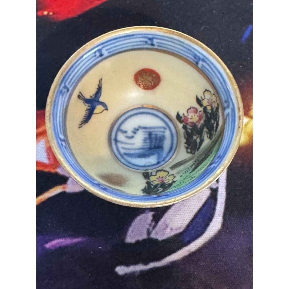 Vintage Japanese Kutani Sake Cup Gold Multicolored With Blue Mark Set Of 2